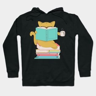 Cat with glasses drinking coffee or tea and reading book Hoodie